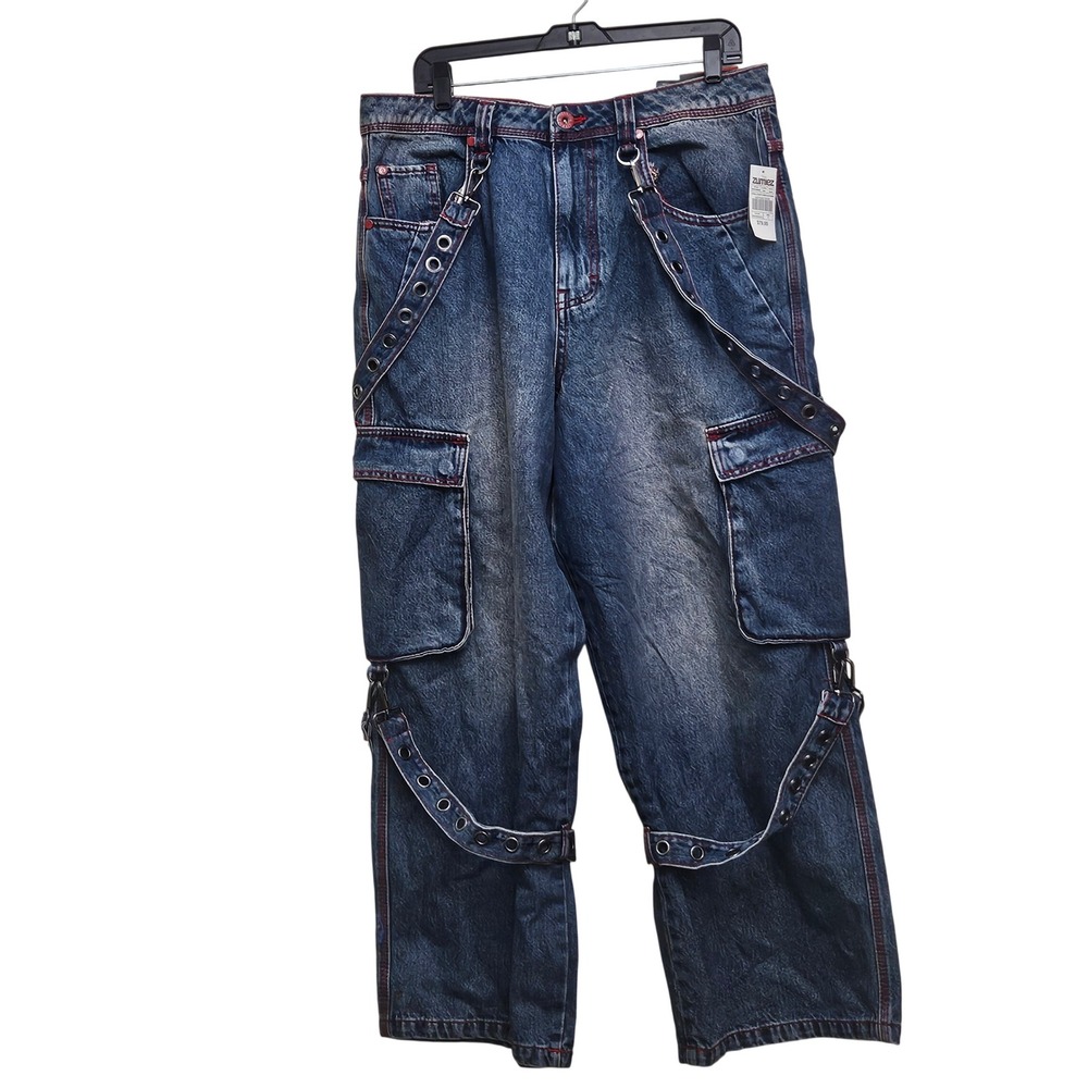 Vitriol Cargo Jeans Mens 32 Blue Strappy Vamp Ultra Wide Red Stitch Goth Grunge